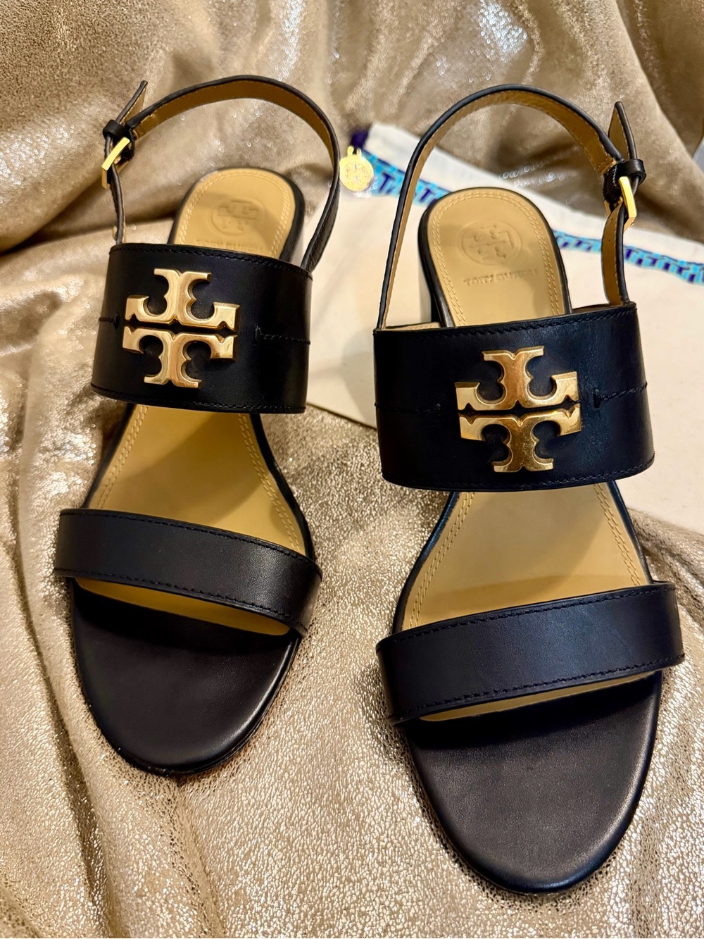 Tory Burch Eleanor Slingback Sandals with Gold
Emblem.